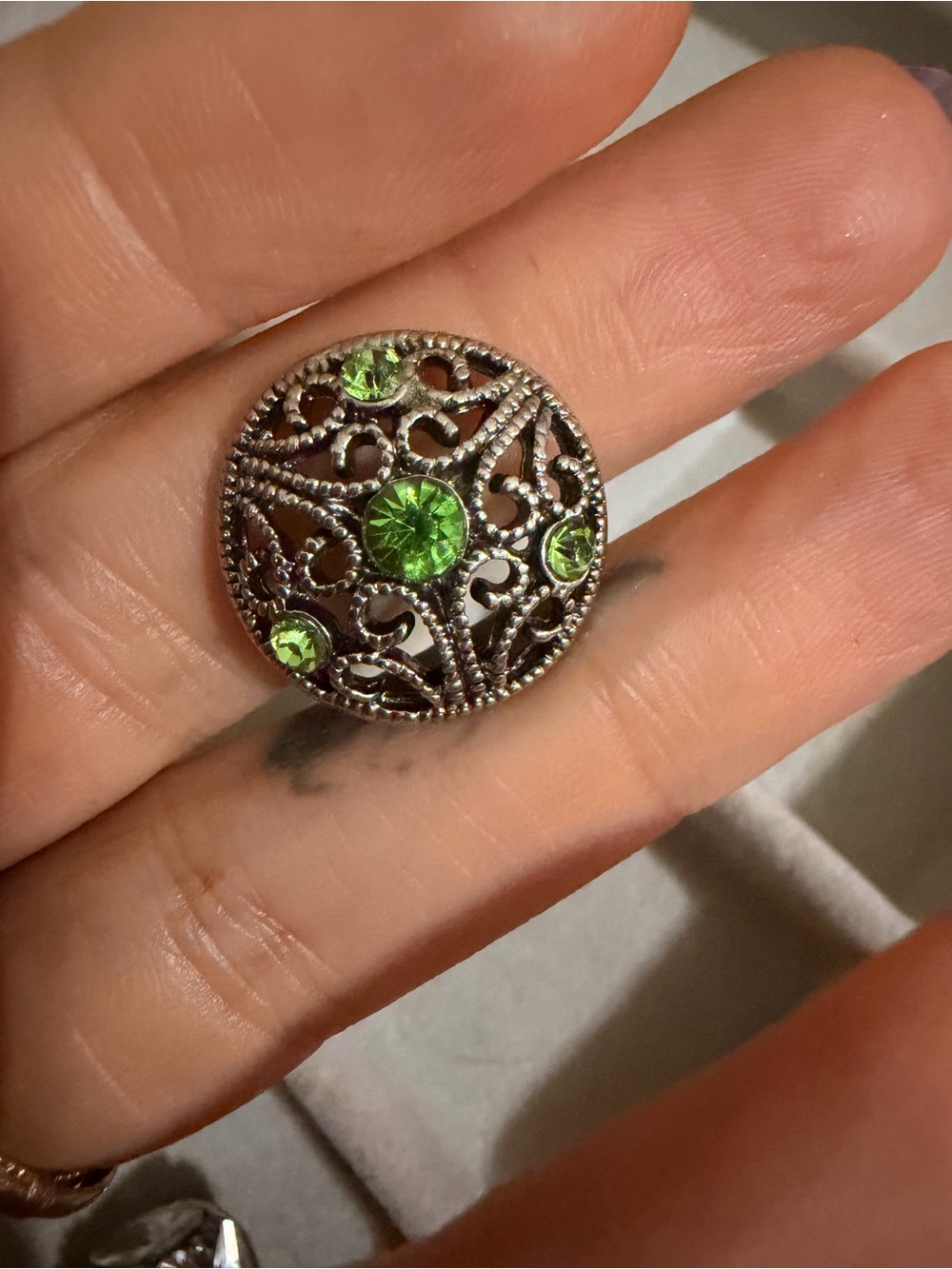 Vintage Green Crystal Filigree Round Snap on charm